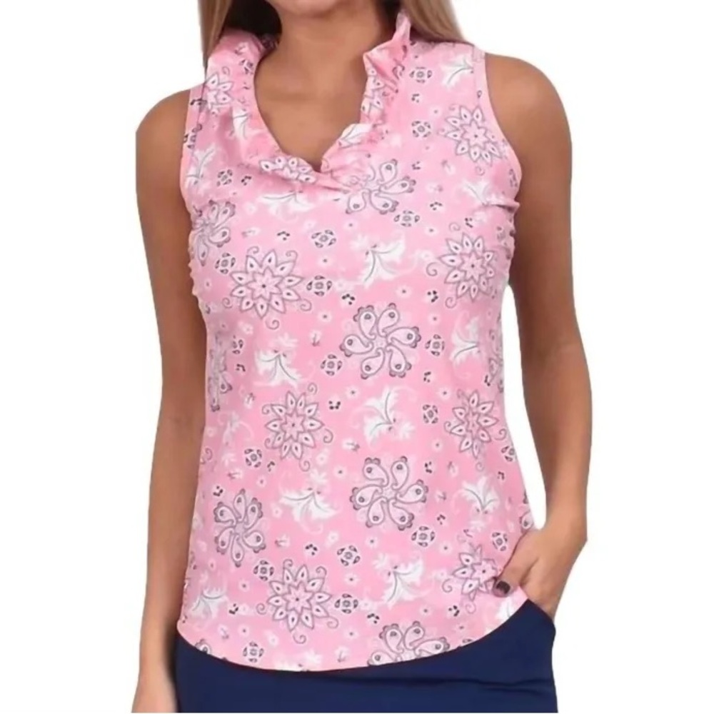SOUTHWIND Pink UPF 50 Pebble Beach Ruffle Top in Bandana N249-11